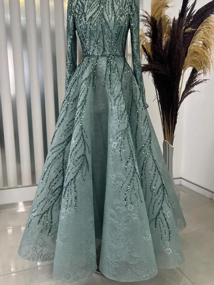 AHUNARE HIJAB - Çırağan Mint Embroidered  Wedding Dress, Muslim Evening Gown, Nikah, Islamic Wedding, Engagement, Bridesmaid,
