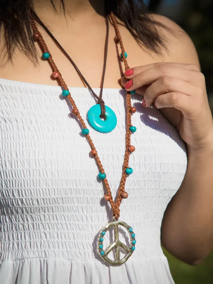 Women Boho Layering Double Necklace Turquoise, Beaded Long Necklace, Peace Pendant Bohemian Tribal Gipsy Festival Jewelry, Gifts for Her