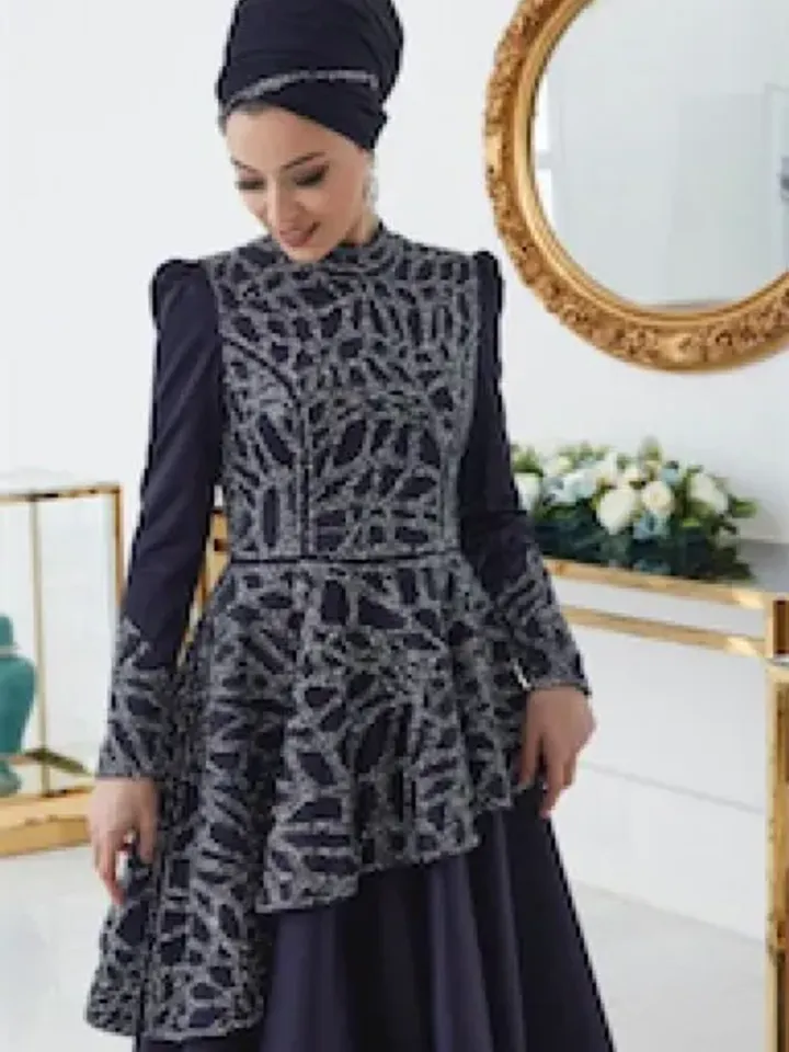 Hürrem Navy Blue Satin Embroidered Ahunare Wedding Dress, Muslim Evening Gown, Nikah, Islamic Wedding, Engagement, Bridesmaid, Maxi Dress