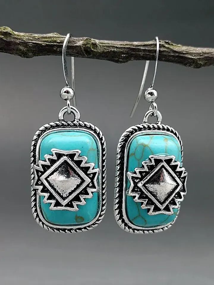 Blue Aztec Earrings, Blue Boho Ethnic Earrings, turquoise boho earrings, turquoise oblong aztec earrings, Turquoise Blue Aztec Boho Earrings