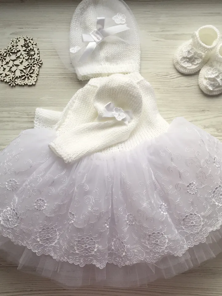 Christening gown for girl.Baptism outfit for girl. Knitting baptism gown. Tutu dress. White outfit for christening.Take home outfit for girl