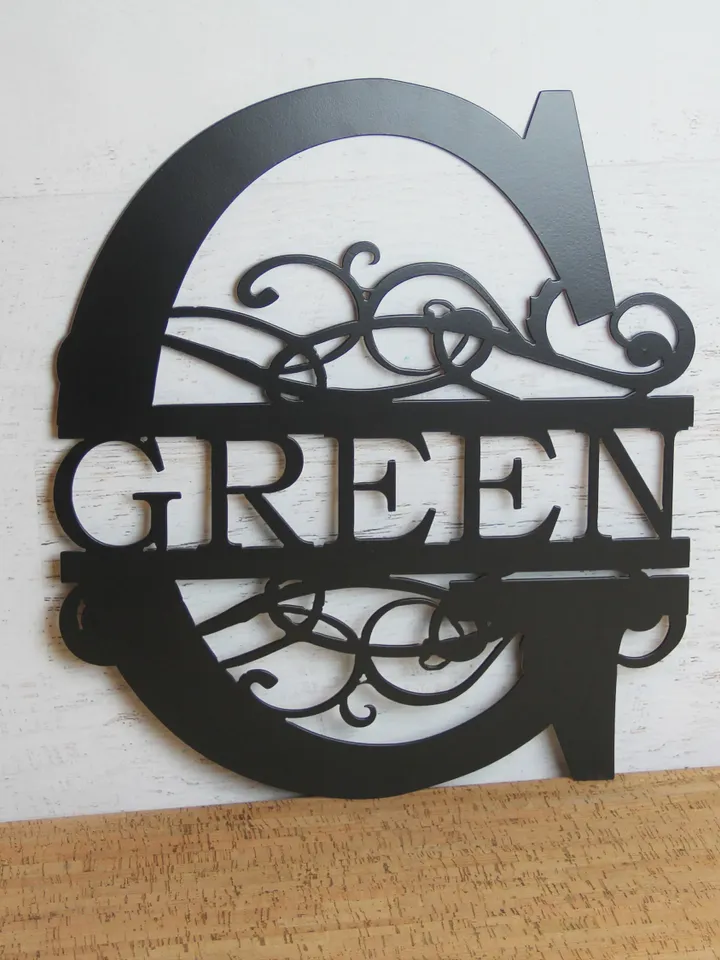 Fancy scrolled monogram Family name sign, front porch decorative sign,  decorative address sign, Custom metal sign.