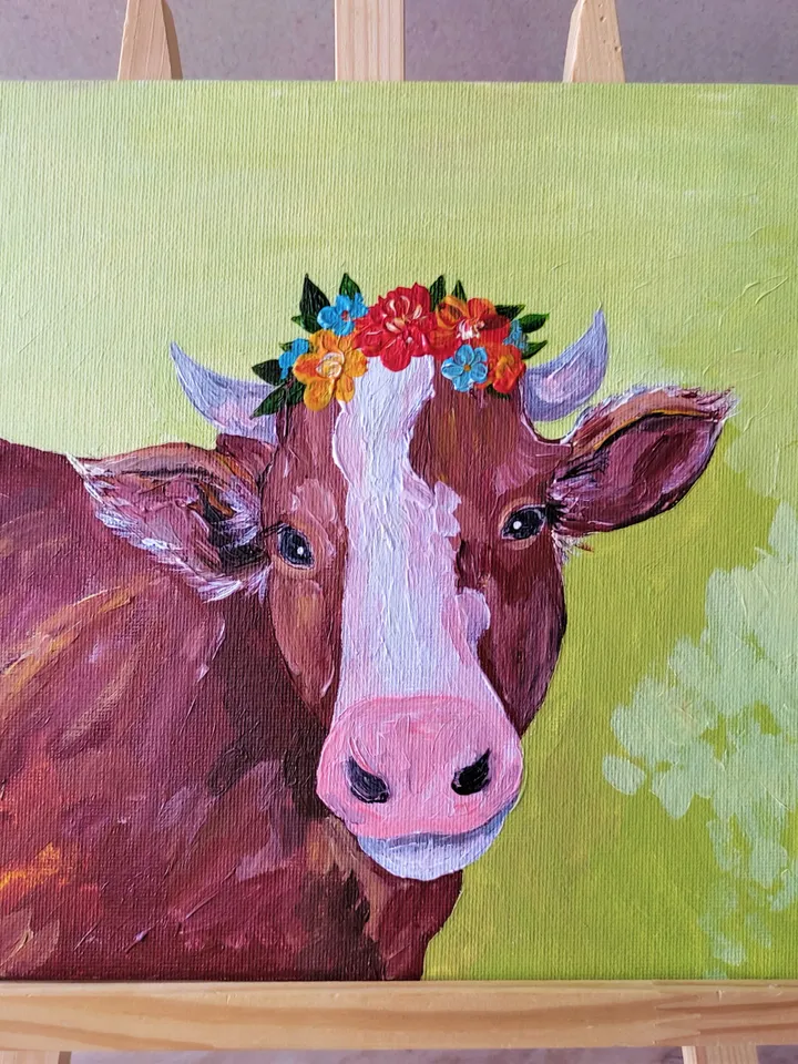 Cow painting Animal painting wall decor Cow flower crown original painting artwork Cute cow portrait impasto painting