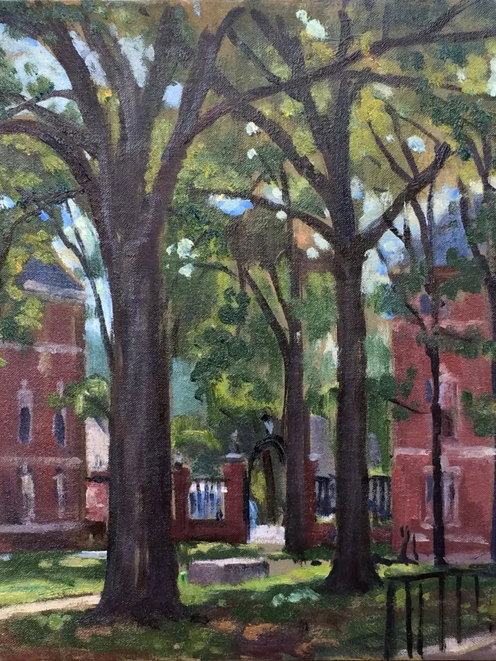 Williams College Landscape Painting - Summer Light/Sage Hall- 9x12 Oil on Linen, Plein Air Impressionist Fine Art, Signed Original Realism