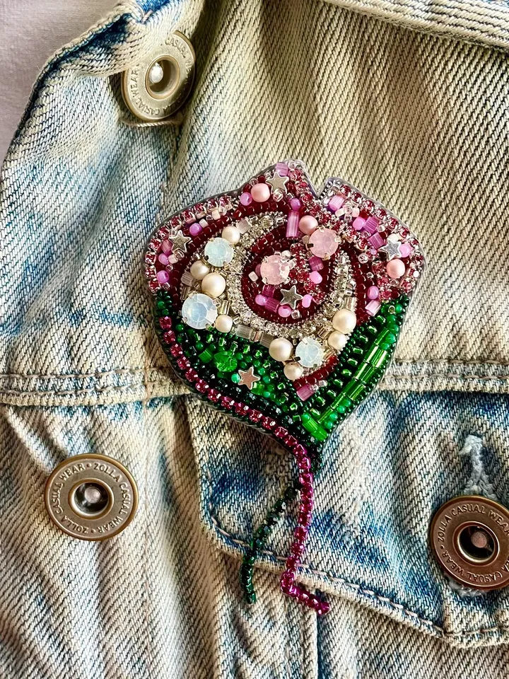 Moon Flower Beaded Brooch, Handmade Embroidered Accessory, Pin Blossom in Pink with Half-moon Crescent, Flower Brooch