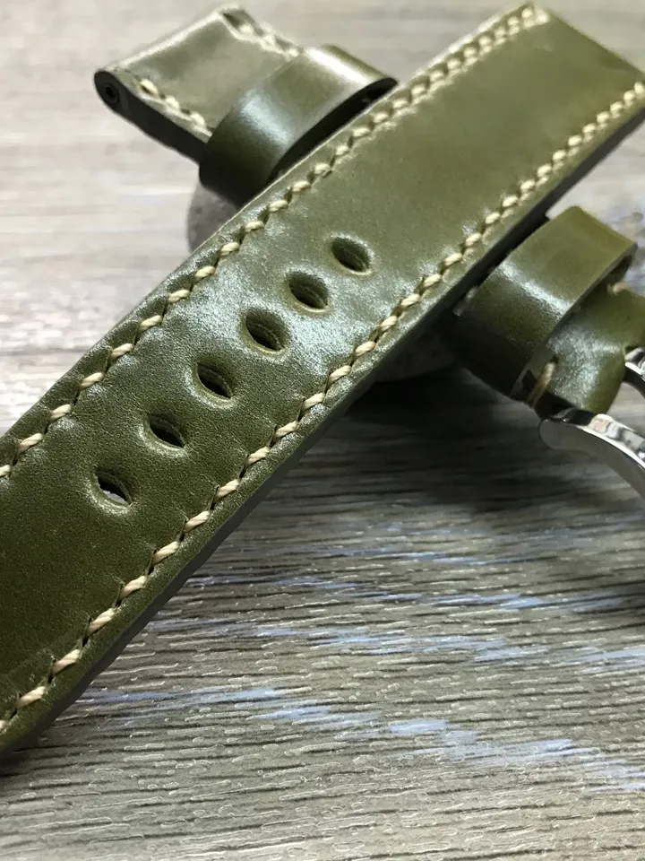24mm watch band, leather watch Band, Shell Cordovan leather, Leather Watch Strap, 24mm watch strap, 26mm strap, Army green, FREE SHIPPING
