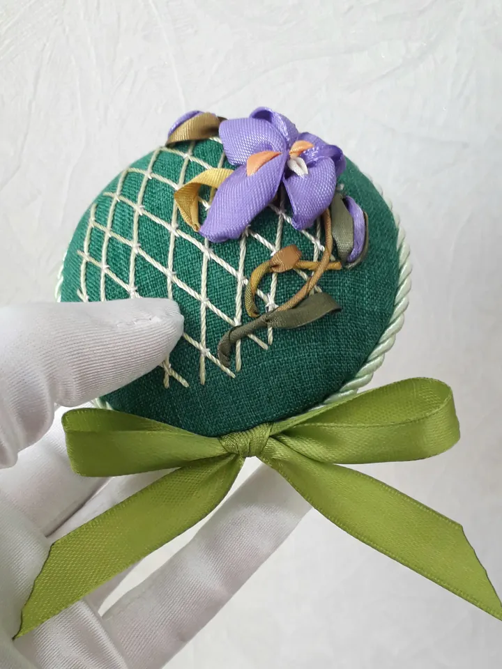 Green pincushion pillow ribbon embroidery, needle case with embroidered iris , embroidered pin accessory