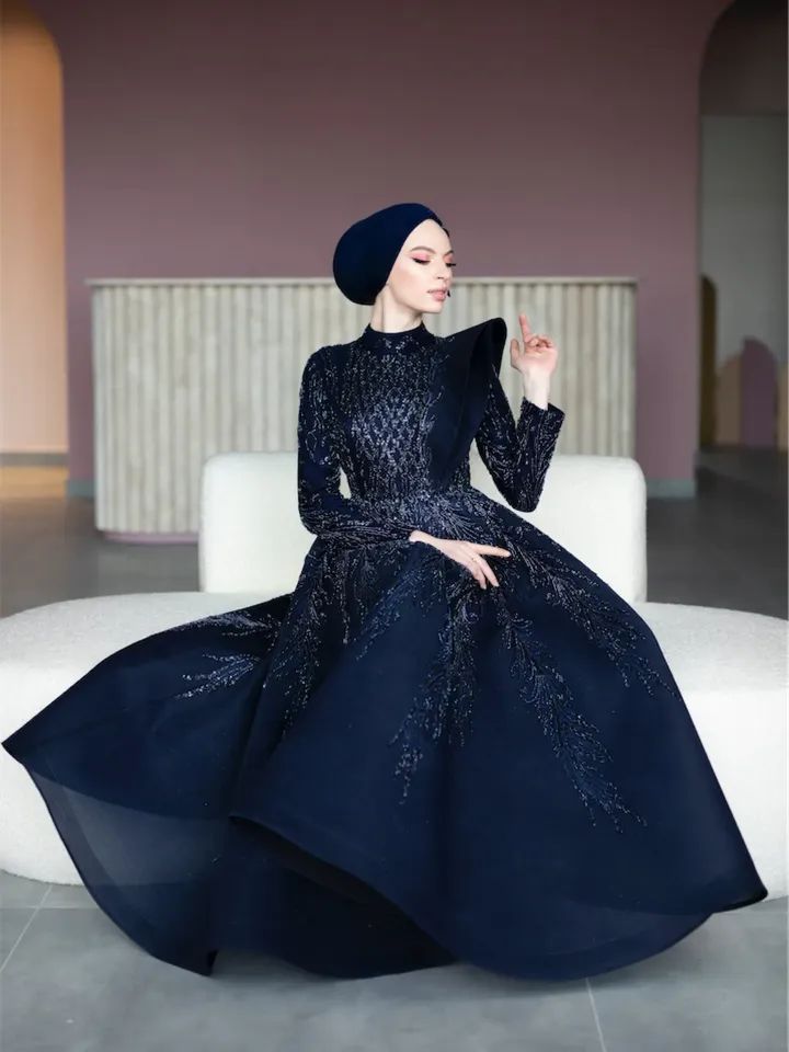 AHUNARE HIJAB - Taçmina Navy Blue Handwork   Wedding Dress, Muslim Evening Gown, Nikah, Islamic Wedding, Engagement, Bridesmaid,