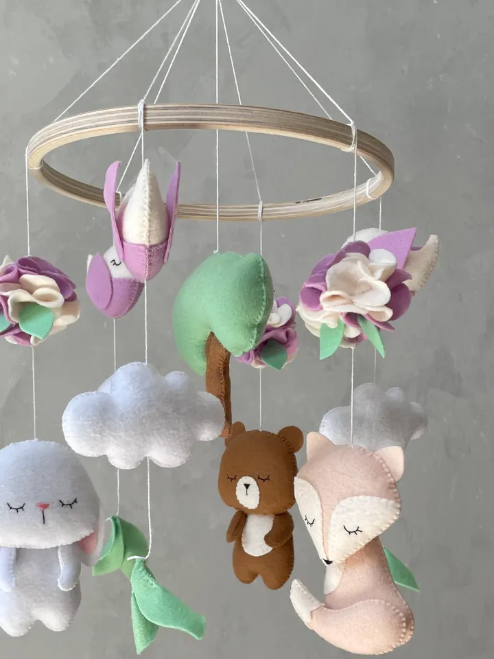 Boho baby mobile girl. Woodland baby mobile. Fox bunny bear birds mobile. Woodland nursery decor girl