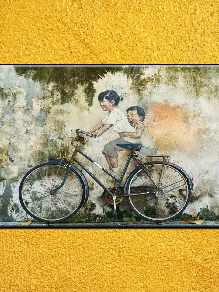 Bike and Kids Print on Canvas , Floating Frame Option, Modern Wall Art, Extra Large Canvas Wall Art