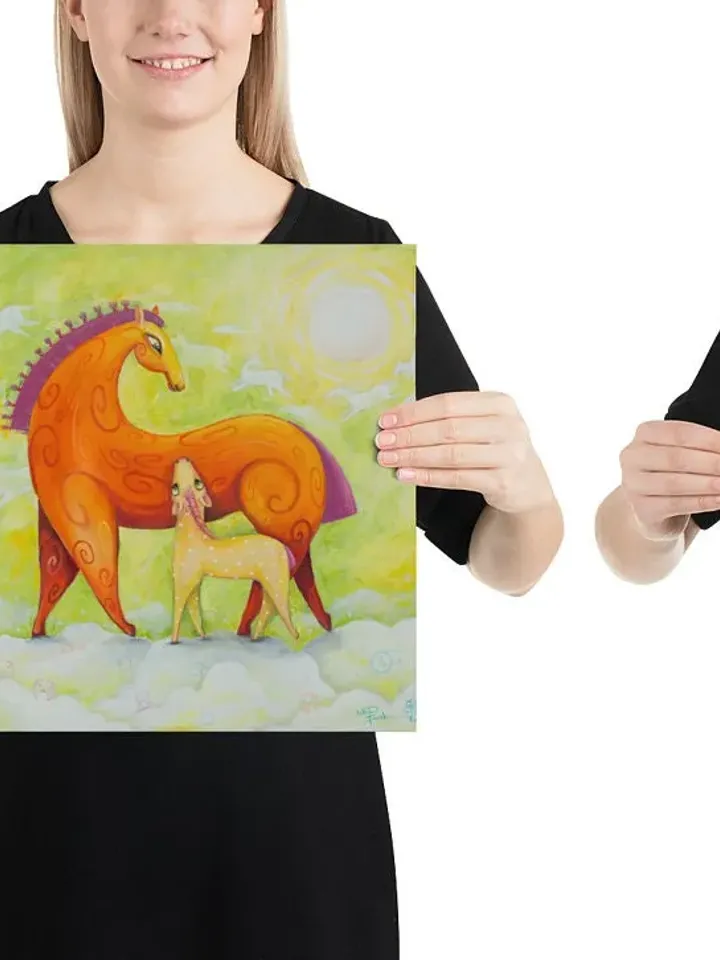 Orange sunny Horses on the clouds, Horse and foal, Bright decorative painting, Wall decor, Red stallion, Poster from the original painting