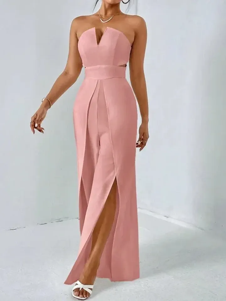 Pink Solid Notched Neck Sleeveless Strapless Split Thigh Leg Tube Jumpsuit Women Ladies Casual Party Evening