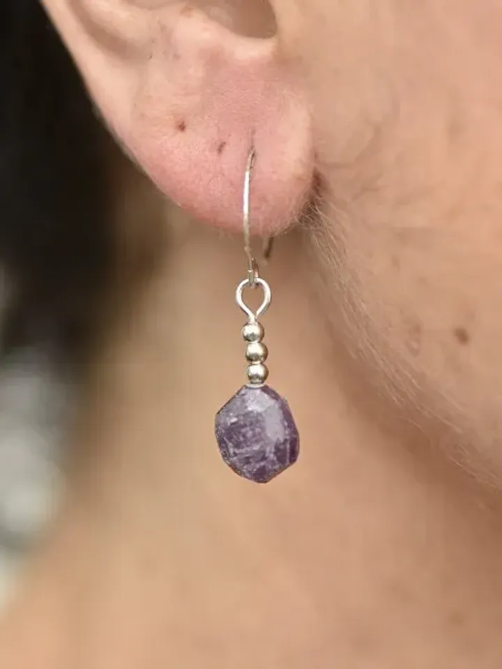 Textured Sterling Silver Hoop Earrings with Raw Afghan Rubies