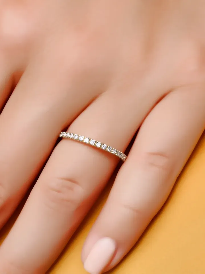 PAVE WEDDING BAND | Women Wedding Diamond Gold Ring | Moissanite Half Eternity Band | Yellow 14k Solid Gold Ring For Anniversary