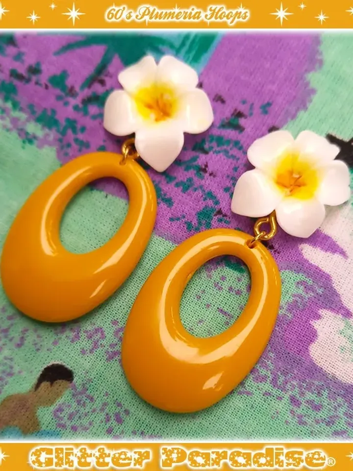 60's Plumeria Hoops - Earrings - Plumeria - Flower Jewelry - Plumeria Jewelry - 1960's Inpsired - Floral Earrings - Glitter Paradise®