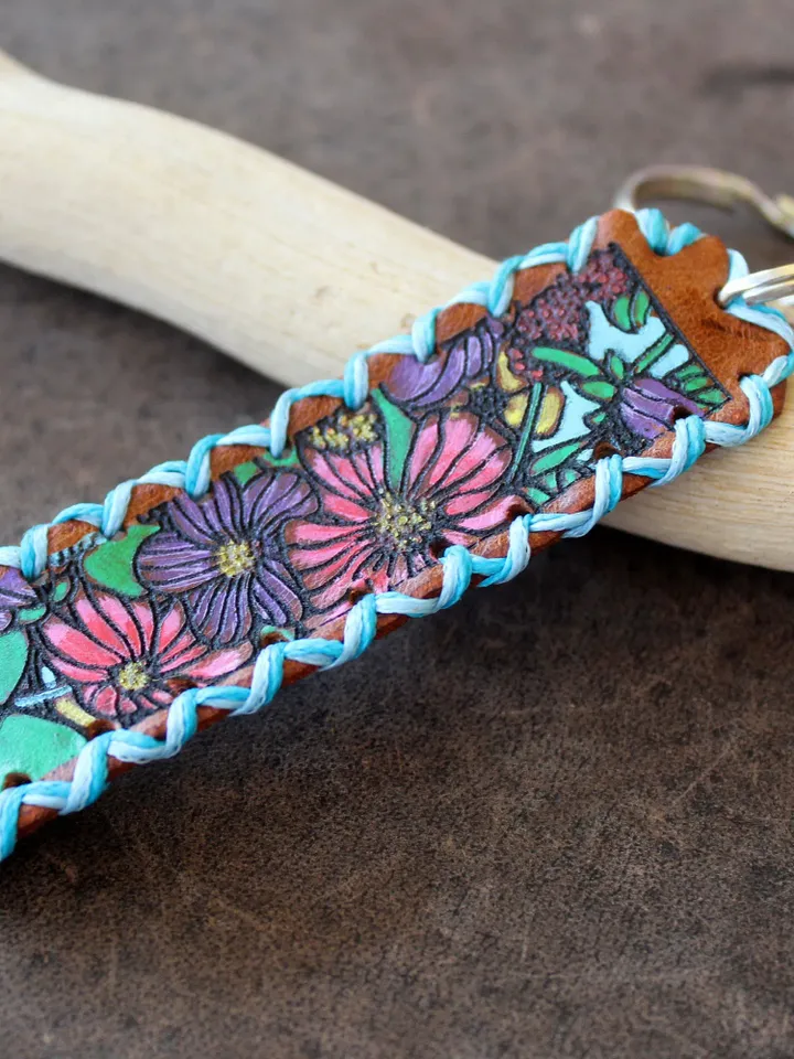 Blue Floral Keychain, Hand Painted Leather Keyfob, Hand Stitched Keyring, Small Gift, Party/Wedding Favor, Personalize/Custom Text Keychain