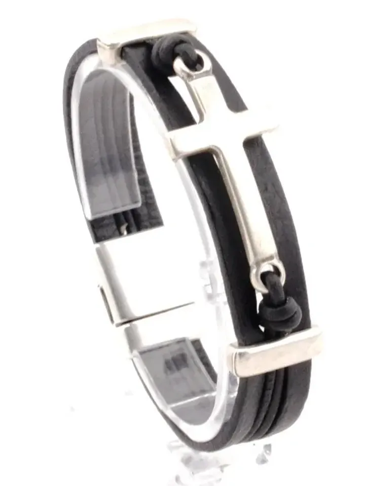 Sideways Cross Bracelet, Leather Bracelet for Men, Confirmation Baptism Gift, Christian Catholic Jewelry, Religious  Gifts for Men and Women