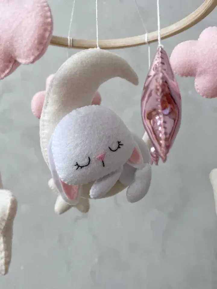 Bunny pink mobile baby girl. Woodland baby mobile. Bunny crib mobile girl. Nursery decor girl