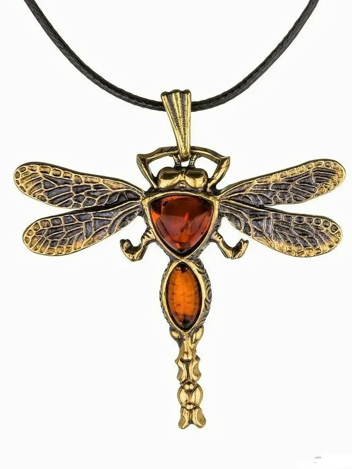 Big Dragonfly Insect Necklace Amber Jewelry Dragonfly Pendant Gold Orange Amulet Necklace handmade Amber pendant women