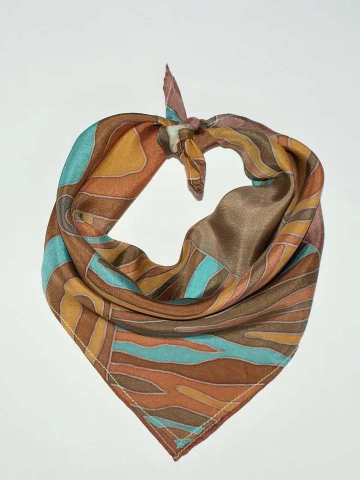 Brown with turquoise silk scarf hand painted batik Small square silk scarves
