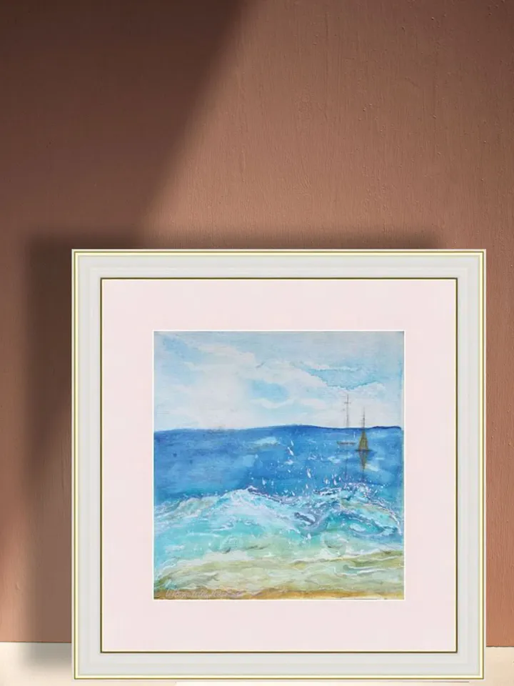 Watercolor painting depicting a sea wave and sailboat. Original watercolor painting