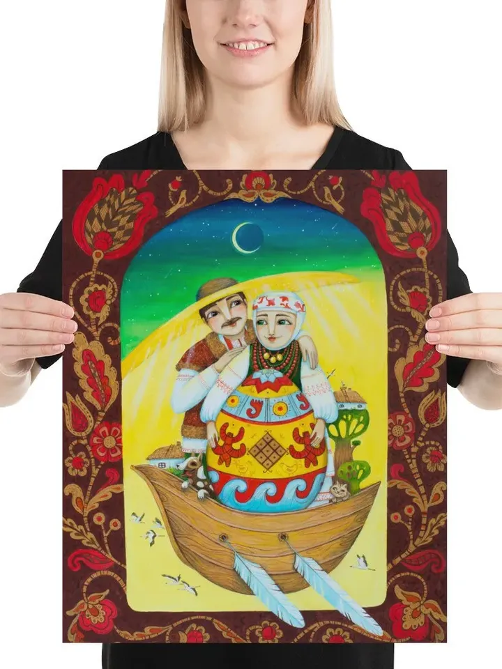 Ukrainian folk motif, happy family in a boat, poster from the original work by Ukrainian artist Aleksandr Paranchenko, Wall decor