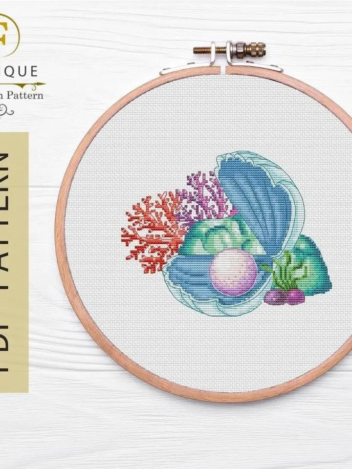 Pearl Cross Stitch Pattern, Sea Counted Cross Stitch Chart, Pearl Watercolor Cross Stitch Pattern, Clam Cross Stitch Pattern, PDF Download