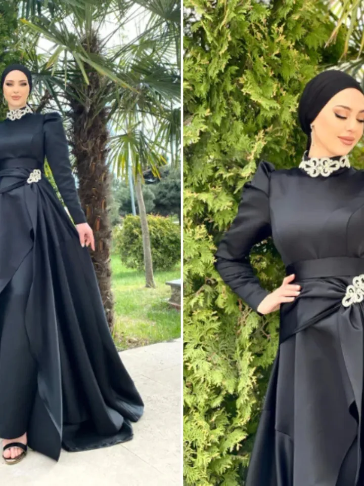 Ahsen Black Satin Tailed Embroidered Ahuanare Wedding Dress, Muslim Evening Gown, Nikah, Islamic Wedding, Engagement, Bridesmaid,