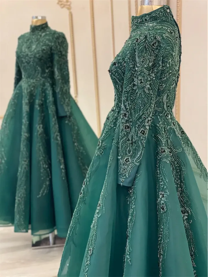 AHUNARE HIJAB - Lal Emerald Embroidered Wedding Dress, Muslim Evening Gown, Nikah, Islamic Wedding, Engagement, Bridesmaid,