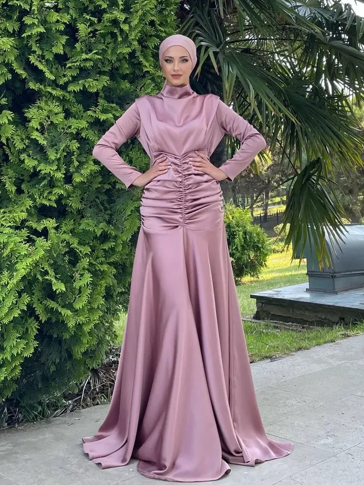 AHUNARE HIJAB - Dilara Powder Satin Bridesmaid Dress, Muslim Evening Dress,Islamic, Engagement, Bridesmaid,, Prom Dresses, Long Dress,
