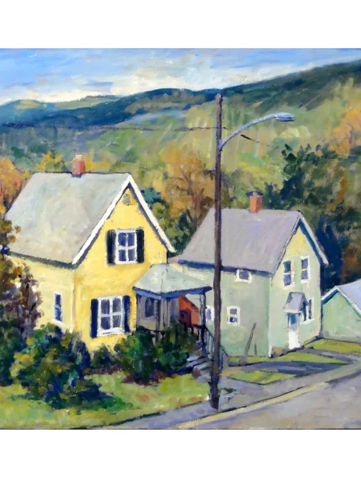 American Landscape Painting - Downhill/Autumn Houses - 14x20 Oil on Canvas, Realist Landscape, Signed Original Plein Air Impressionism
