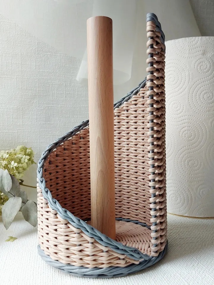 Paper towel holder with beech handle. Standing handmade wicker stand.