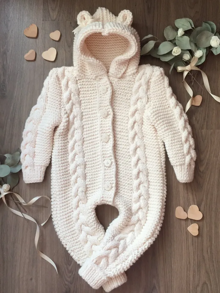 Knitting overall for baby girl. Newborn overall. Take home overall. Overall with bear ears. Baby shower gift for baby girl. Knit romper .