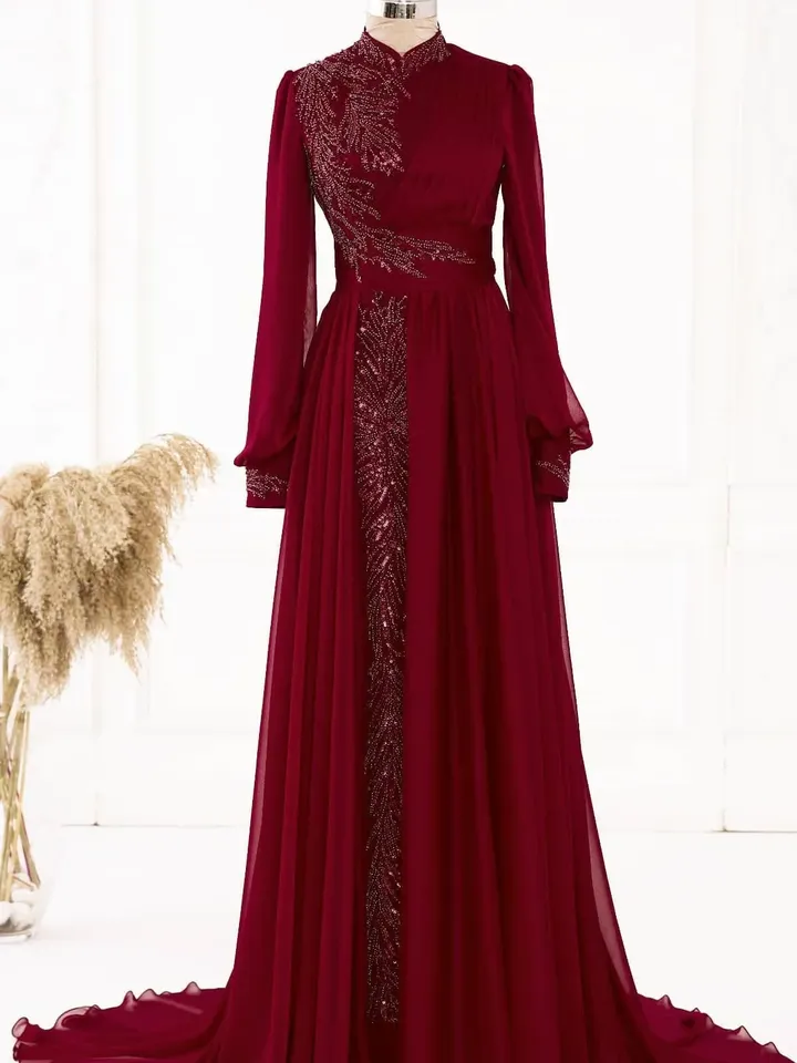AHUNARE HIJAB - Eliz Burgundy Tulle Wedding Dress, Muslim Evening Gown, Nikah, Islamic Wedding, Engagement, Bridesmaid,