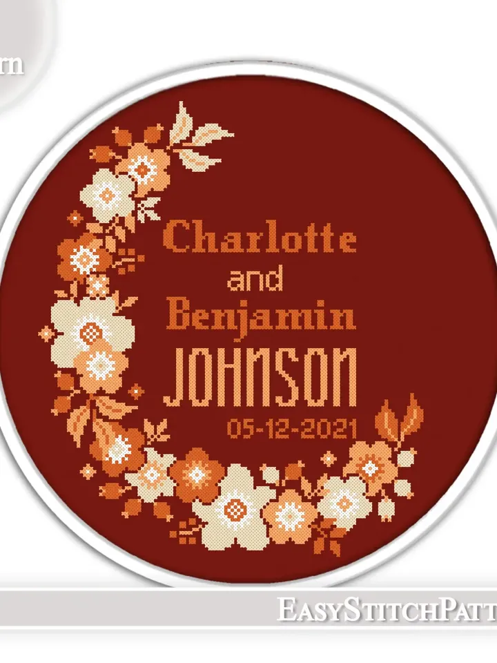 Wedding cross stitch pattern. Floral Wreath cross stitch pattern. DIY. Flower frame.