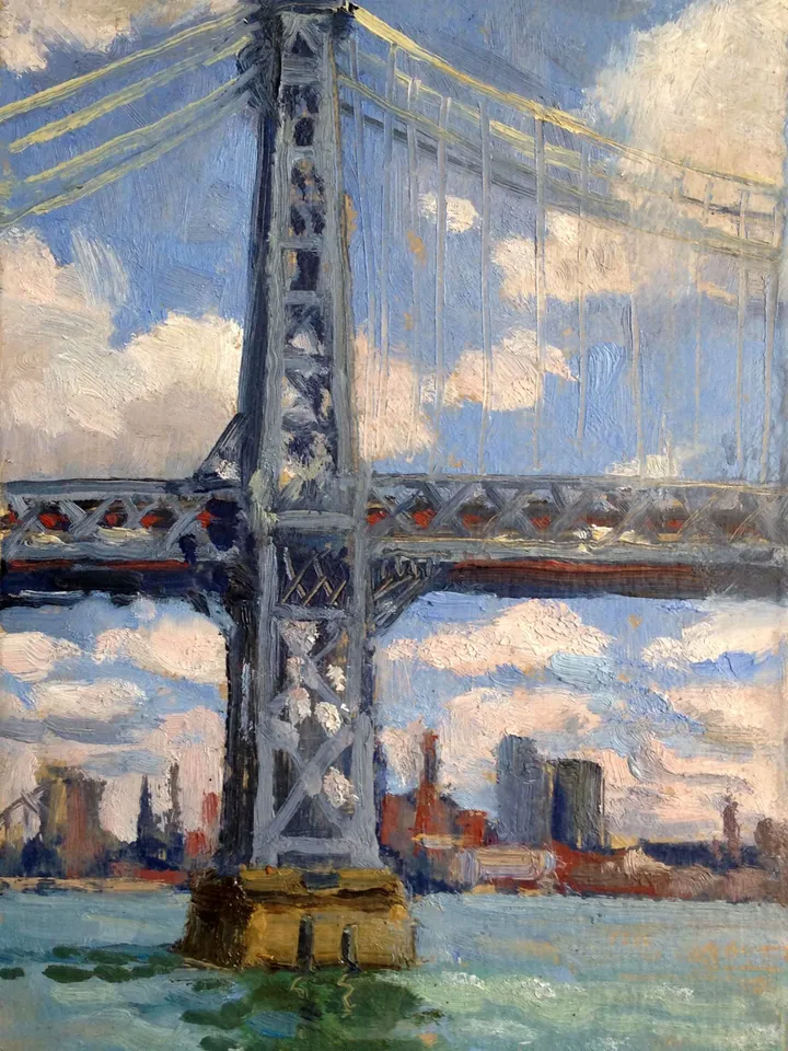 New York Cityscape Painting - Blue Sky/Williamsburg Bridge/NYC - 5x7 Oil on Panel, Urban Impressionist Fine Art, Signed Original
