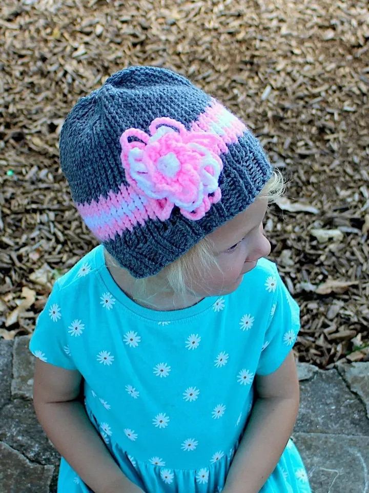 Little Girls Pink and Gray Hat with Flower, Toddler & Child Hats, Birthday or Christmas Gift Ideas for Girls, Sizes: 1-3 years or 4-12 years