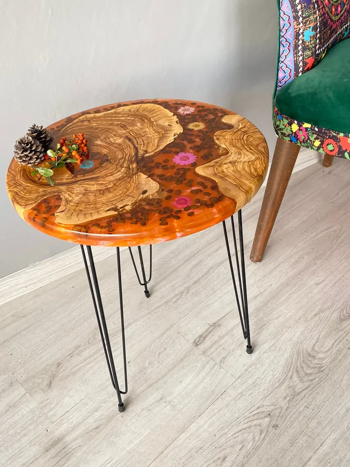 Set of 3 Epoxy Live Edge Olive Wood, Coffee Table, Wall Clock, Serving Tray, Unique Coffee Table, Farmhouse Wall Clock