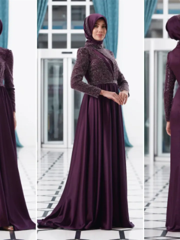 AHUNARE HIJAB - Berra Plum Satin Wedding Dress, Muslim Evening Gown, Nikah, Islamic Wedding, Engagement, Bridesmaid,