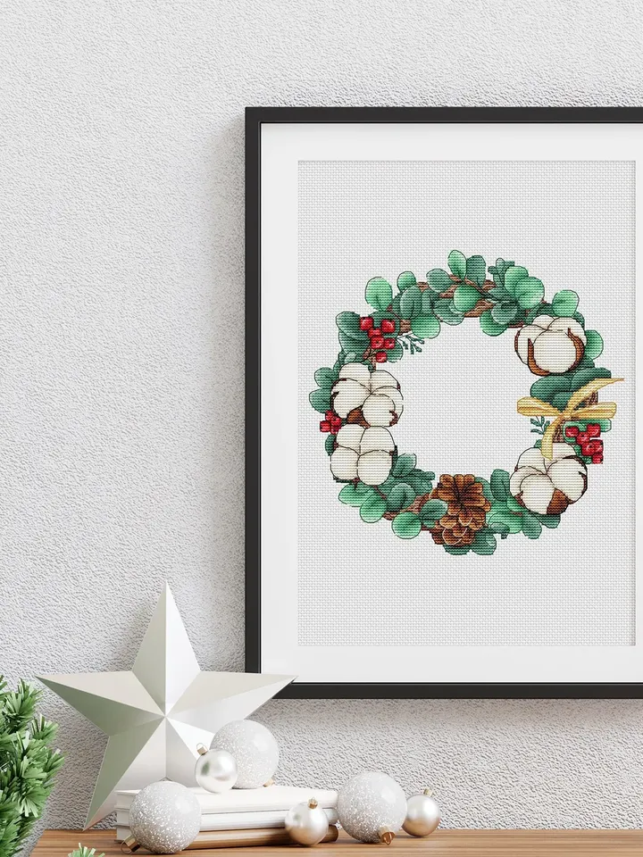 Christmas Wreath Cross Stitch Pattern PDF, Winter Cross Stitch Chart Instant Download, New Year Hand Embroidery Pattern