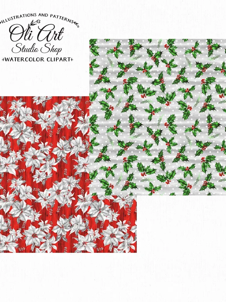 Download Seamless Patterns. Christmas. Xmas. Winter Poinsettia. JPG. Digital Download. OliArtStudioShop