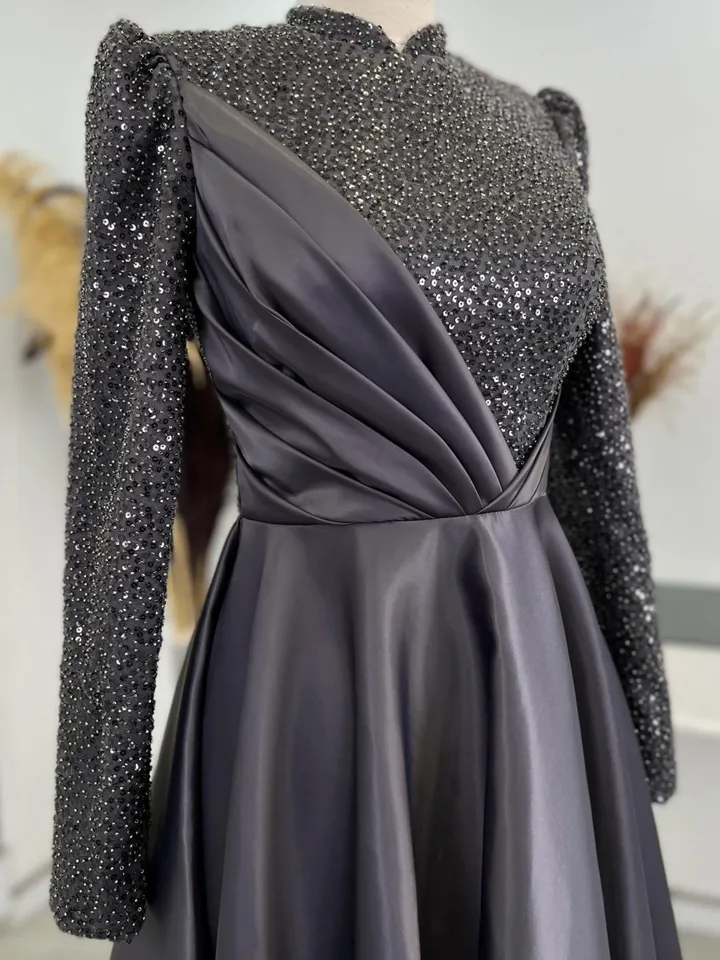 Rüya Ahunare Grey Embroidered Wedding Dress, Muslim Evening Gown, Nikah, Islamic Wedding, Engagement, Bridesmaid, Maxi Dress