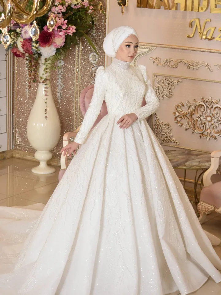 Gülşah White Embroidered Bright Princess Wedding Gown, Bridal, Muslim Wedding, Hijab Wedding, White Wedding Dress, Islamic Wedding