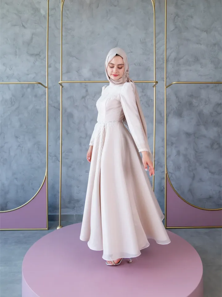 Mimoza Cream Embroidered Ahunare Wedding Dress, Muslim Evening Gown, Nikah, Islamic Wedding, Engagement, Bridesmaid, Maxi Dress