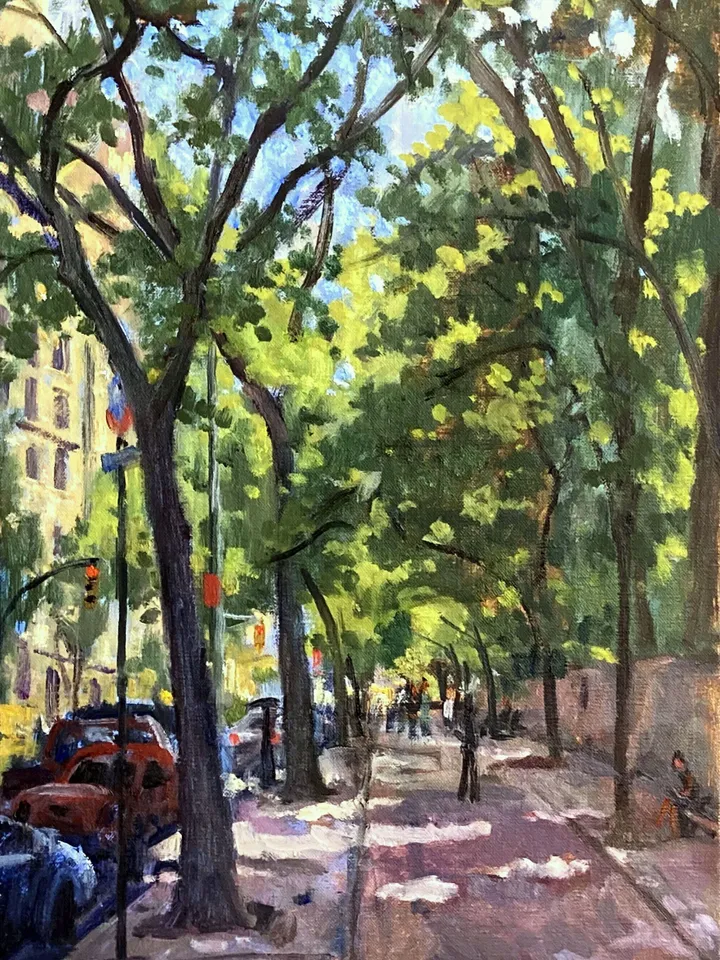Large Original New York City Landscape Painting - Along Fifth Avenue/NYC - 12x20 Oil on Linen, Plein Air Impressionist Signed Original