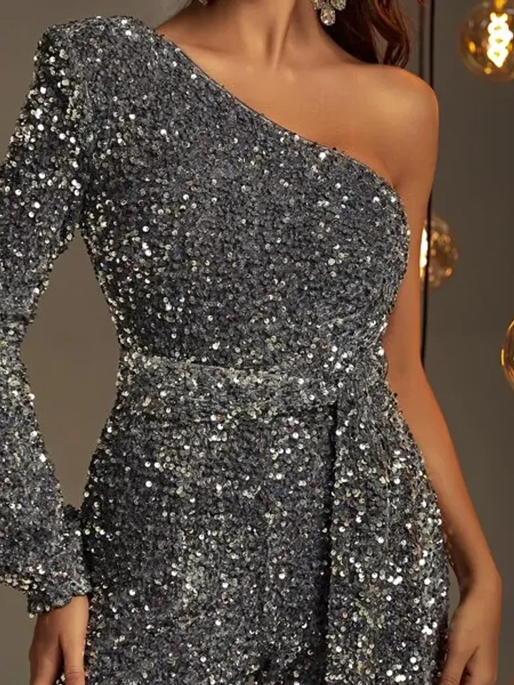 Sequin Asymmetrical Neck Bishop Sleeve One Shoulder Flare Leg Jumpsuit Wedding Party Evening Prom Cocktail Club Xmas Christmas