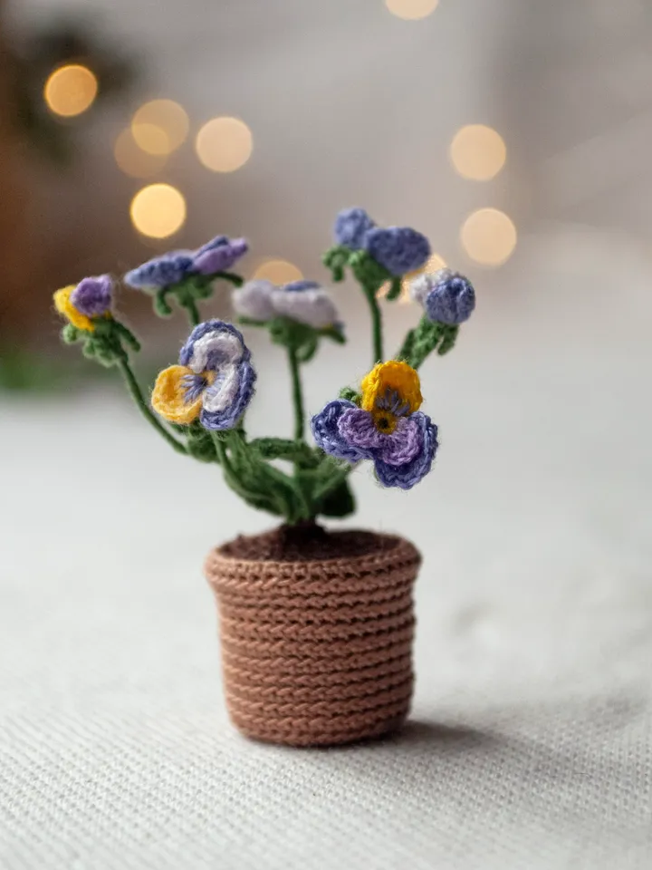 Beautiful miniature PANSY in a pot, Tiny Pansy for Fairy Flower Garden, Purple yellow Pansies crocheted flower