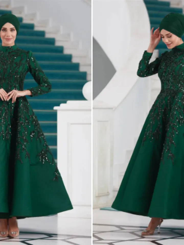 AHUNARE HIJAB - Yıldız Emerald Embroidered Wedding Dress, Muslim Evening Gown, Nikah, Islamic Wedding, Engagement, Bridesmaid,