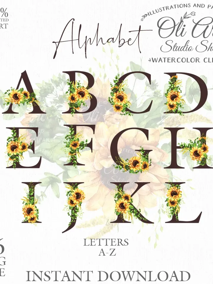 Alphabet Clip Art. Sunflowers Flowers. Letters Clip Art. Hand Drawn graphics. Digital Download. OliArtStudioShop