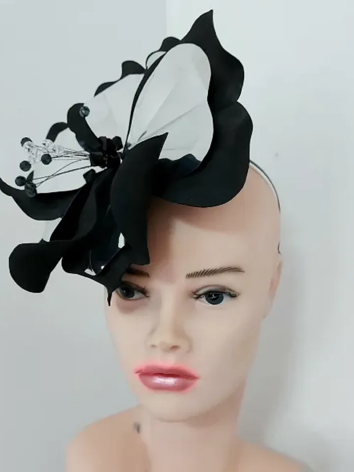 Magic black fascinator Derby hat Black petunia and mirror silver Hair clip Mysterious flower Halloween outfit gothic